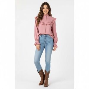 Vintage 70s 80s Ruffle Blouse Women Medium Pink Cottagecore Victorian‎ Retro